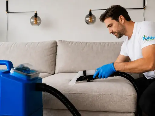 Mann mit blauen Handschuhen reinigt mit einem Sprühextraktionsgerät eine beige Couch.