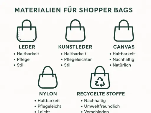 Materialien für Shopper Bags: Leder, Kunstleder, Canvas, Nylon und recycelte Stoffe. Was ist eine tote bag? Eine tote bag ist eine vielseitige Tasche aus diesen Materialien.