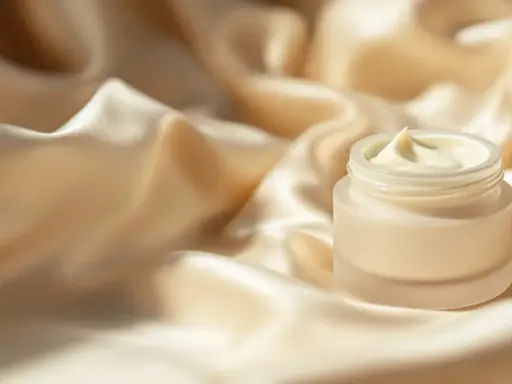 Creme in einem Glas auf seidigem Stoff.
