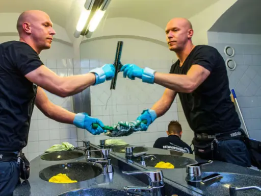 Mann mit blauen Handschuhen putzt mit einem Abzieher den Spiegel.