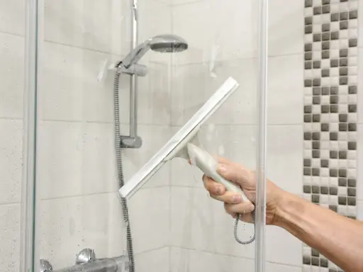 Mit einem Abzieher die Duschkabine reinigen ohne nass zu werden.