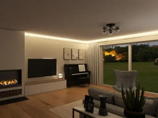 Gemütliches, modernes Wohnzimmer mit Kamin, Klavier und großem Fenster zum Garten.