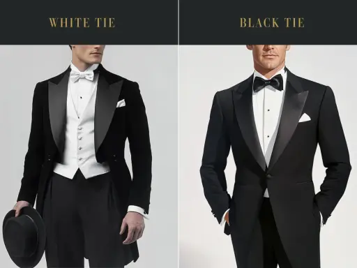 Zwei Männer in eleganten Anzügen. Links ein Frack mit weißer Weste und Fliege, rechts ein Smoking mit schwarzer Fliege. Perfekt für "black tie optional".