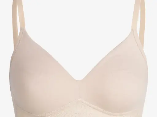 Ein beiger Bralette mit zarter Spitze am Unterbrustband. Was ist das? Ein bequemer BH für jeden Tag.