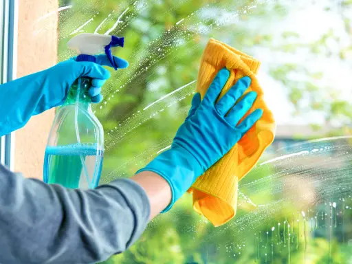Blaue Handschuhe sprühen Reinigungsmittel auf ein Fenster, um es zu putzen. Ein gelbes Tuch wischt die Seifenblasen weg.