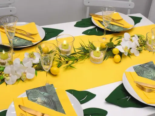 Sommerliche tischdeko mit zitronen, Orchideen und grünen Blättern. Kerzen in Gläsern sorgen für stimmungsvolles Licht.