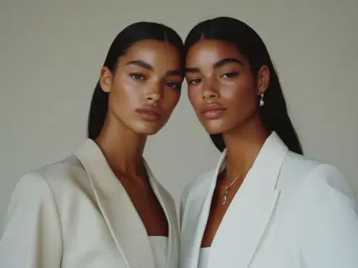 Zwei Models mit makelloser Haut und glänzendem Haar, im Stil einer "clean girl", tragen elegante Blazer.