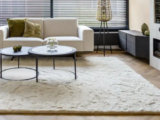 Ein heller, flauschiger Teppich liegt vor einem Sofa und einem Kamin. So wird der Teppich wieder flauschig gemacht.