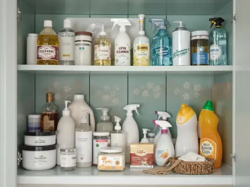 Omas Haushaltstipps: Eine Sammlung von Reinigungsmitteln in einem Schrank, von Sprühflaschen bis zu großen Behältern.