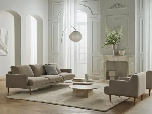 Ein minimalistisches Wohnzimmer mit beigem Sofa, zwei Sesseln, runden Couchtischen und einem Bogenlampenschirm.