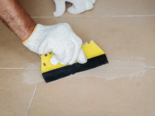 Mit einem gelben Spachtel werden die **Fliesen Fugen reinigen** und mit neuem Material gefüllt.