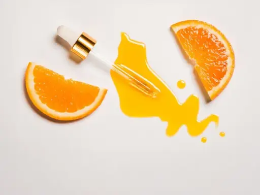 Ein Pipettenfläschchen mit goldenem Detail tropft ein leuchtendes Vitamin C Serum auf eine weiße Fläche, flankiert von zwei saftigen Orangenscheiben. Morgens oder abends für strahlende Haut.