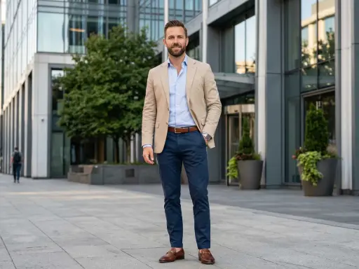 Ein Mann in einem hellbeigen Sakko und hellblauem Hemd, dazu dunkelblaue Hose. Ein klassischer Look, der immer passt.