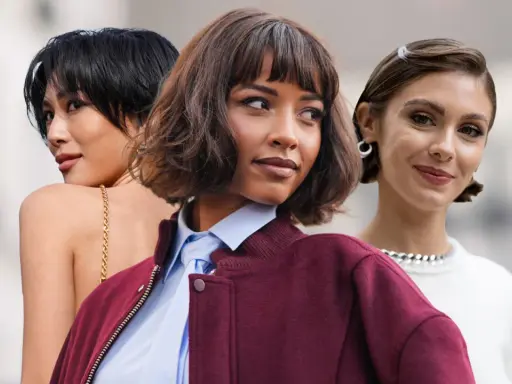 Drei Frauen mit stilvollen Scandi Bob Frisuren. Eine mit kurzem schwarzen Haar, eine mit braunem Bob und Pony, und eine mit elegant zurückgestecktem Haar.