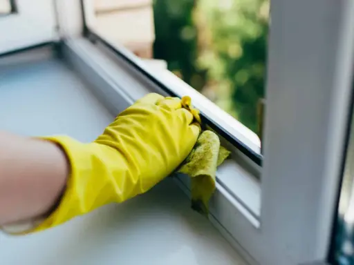 Gelbe Handschuhe reinigen den Kunststoff Fensterrahmen mit einem Tuch.