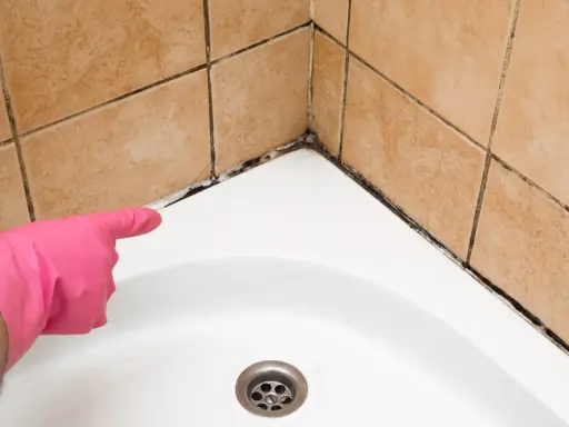 Mit rosa Handschuh wird auf stark verschmutzte Dusche reinigen hingewiesen. Schimmel und Dreck in den Fugen.