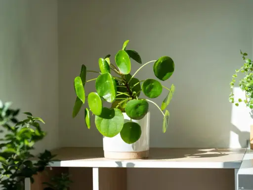 Grüne Pflanzen im Schlafzimmer: Eine chinesische Geldbaum-Pilea und eine hängende Pflanze bringen Frische.