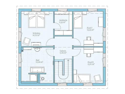 Grundriss mit Schlafzimmer, Bad, Ankleide und zwei Kinderzimmern. Tolle ankleidezimmer ideen für mehr Ordnung.