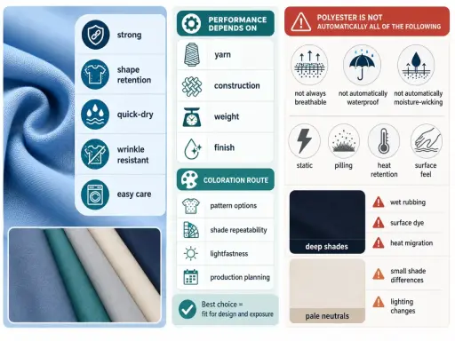 Polyester-Nachteile: Nicht immer atmungsaktiv, statisch, Pilling, Wärme speichernd. Stoffe können sich bei Nässe verändern.