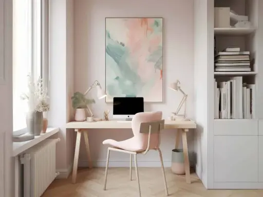 Helle, moderne homeoffice ideen: Schreibtisch mit PC, rosa Stuhl, Bücherregal und Kunstwerk.