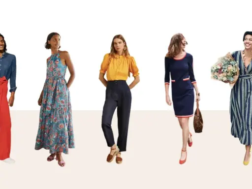 Fünf Frauen präsentieren Outfits: weite rote Hose, geblümtes Maxikleid, gelbe Bluse mit dunklen Hosen, blaues Kleid mit roten Akzenten und gestreiftes Kleid. Passende schuhe zu kleidern runden den Look ab.