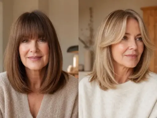 Zwei Frauen mit unterschiedlichen Frisuren: links eine Frau mit braunem Haar und Birkin Bangs, rechts eine Frau mit blonden Haaren und Curtain Bangs.