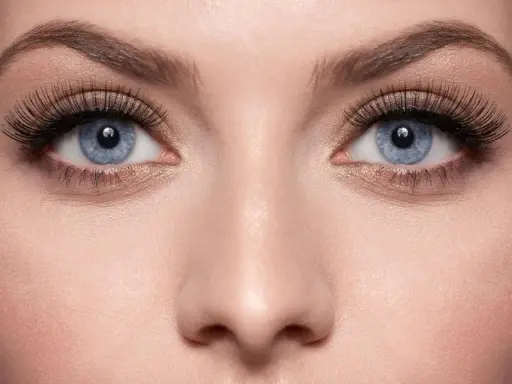 Blaue Augen mit dramatisch aufklebbaren Wimpern und goldenem Lidschatten.