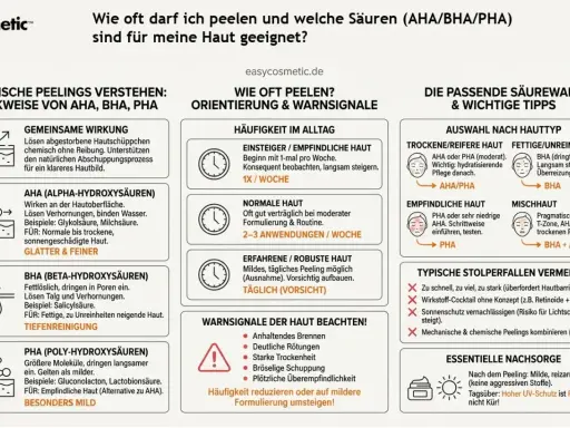 Infografik erklärt, wie oft man peelings mit aha, bha, pha anwenden kann und welche säuren für welchen hauttyp geeignet sind.