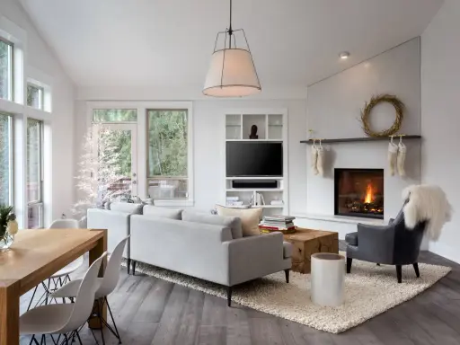 Gemütliches Wohnzimmer mit Kamin, Sofa und Essbereich. Perfekt, um das Wohnzimmer umzugestalten und eine warme Atmosphäre zu schaffen.