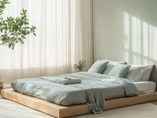 Ein ruhiges Schlafzimmer mit einem niedrigen Holzbett, bedeckt mit hellgrüner Bettwäsche. Die Wandfarbe und die Textilien harmonieren perfekt für ein Feng Shui Schlafzimmer.