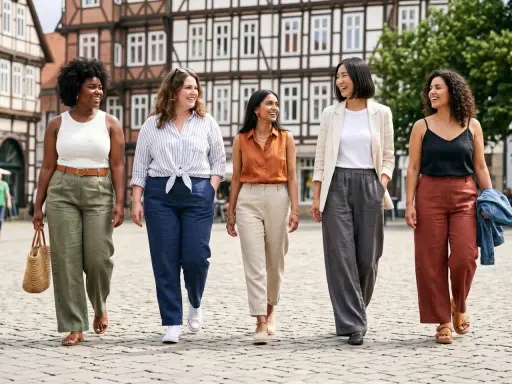 Fünf Frauen spazieren lächelnd über einen Platz. Sie zeigen, wie man Leinenhose kombinieren kann, in verschiedenen Farben und Styles.