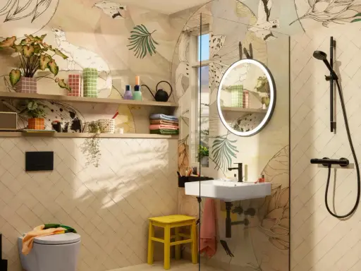 Moderne Badezimmer Ideen: Wand mit Tier- und Pflanzenmotiv, helle Fliesen, Waschbecken, Dusche, Spiegel mit Beleuchtung und gelber Hocker.