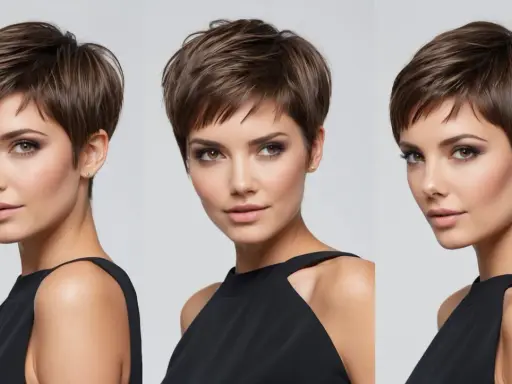 Drei Ansichten einer Frau mit einem modernen, braunen Pixie Cut und elegantem Make-up.