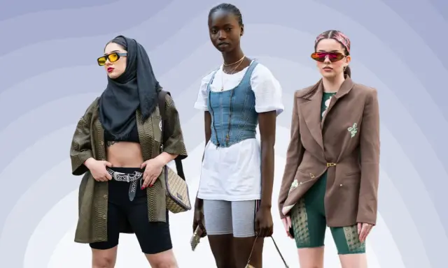 Drei Frauen zeigen, wie man eine Radlerhose kombiniert: mit Oversize-Jacke, Jeans-Korsett oder schickem Blazer.