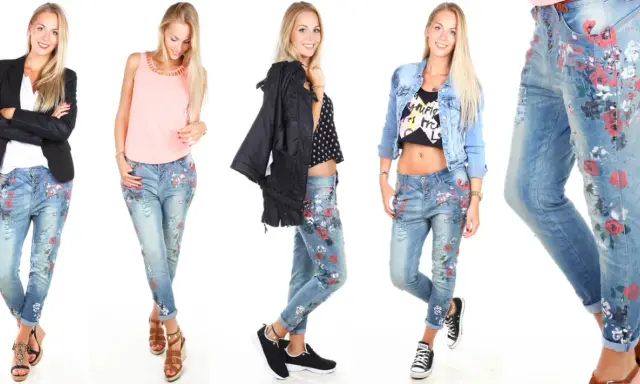 Modische Outfits mit floral gemusterten Boyfriend Jeans kombinieren: lässig mit Blazer, süß mit Top oder rockig mit Jeansjacke.