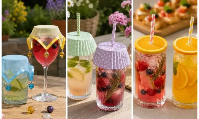 Schöne Cocktail Deko Ideen: Fruchtige Drinks mit Beeren, Zitrone und Minze, verziert mit bunten Bändern und Perlen.