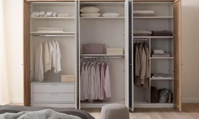 Ein offener Kleiderschrank, bereit zum Ausmisten. Ordentlich sortierte Kleidung auf Kleiderbügeln und gefaltete Textilien auf den Regalen.