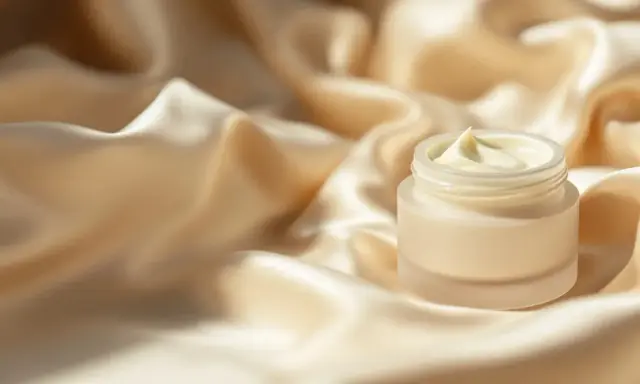 Creme in einem Glas auf seidigem Stoff.