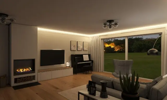 Gemütliches, modernes Wohnzimmer mit Kamin, Klavier und großem Fenster zum Garten.