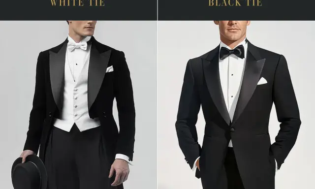 Zwei Männer in eleganten Anzügen. Links ein Frack mit weißer Weste und Fliege, rechts ein Smoking mit schwarzer Fliege. Perfekt für "black tie optional".