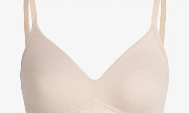 Ein beiger Bralette mit zarter Spitze am Unterbrustband. Was ist das? Ein bequemer BH für jeden Tag.