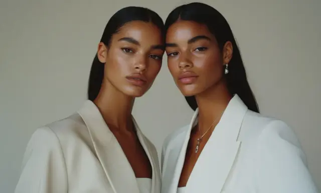 Zwei Models mit makelloser Haut und glänzendem Haar, im Stil einer "clean girl", tragen elegante Blazer.