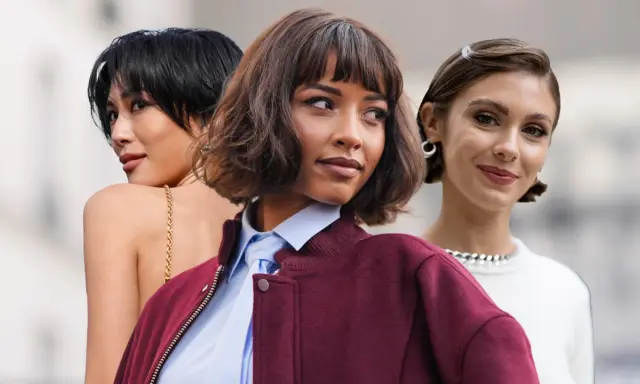 Drei Frauen mit stilvollen Scandi Bob Frisuren. Eine mit kurzem schwarzen Haar, eine mit braunem Bob und Pony, und eine mit elegant zurückgestecktem Haar.