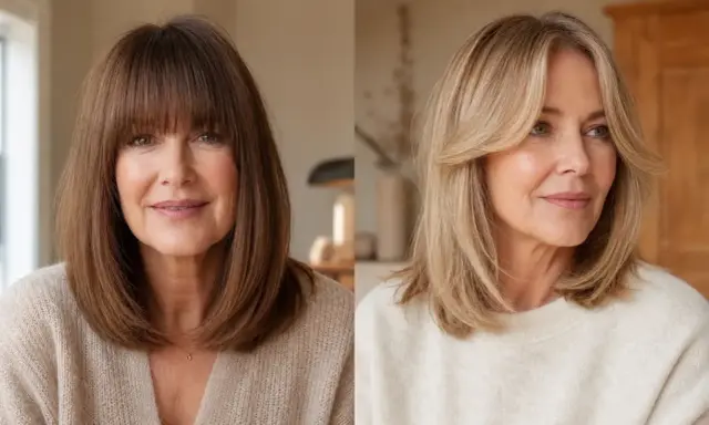 Zwei Frauen mit unterschiedlichen Frisuren: links eine Frau mit braunem Haar und Birkin Bangs, rechts eine Frau mit blonden Haaren und Curtain Bangs.