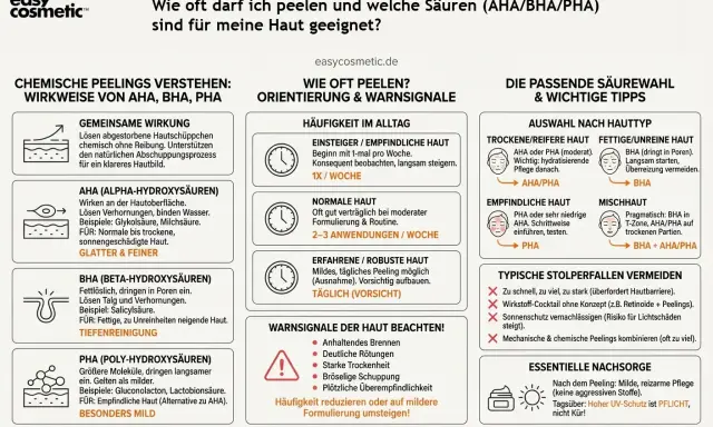 Infografik erklärt, wie oft man peelings mit aha, bha, pha anwenden kann und welche säuren für welchen hauttyp geeignet sind.