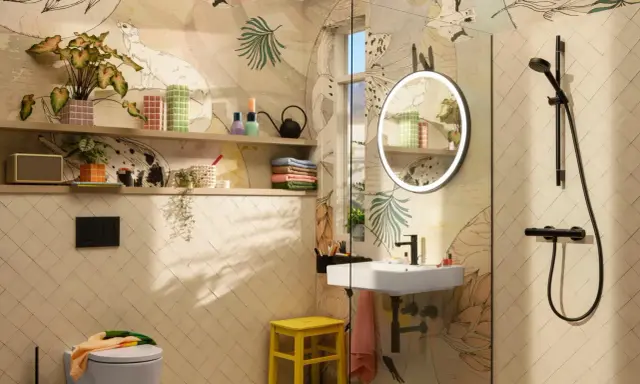 Moderne Badezimmer Ideen: Wand mit Tier- und Pflanzenmotiv, helle Fliesen, Waschbecken, Dusche, Spiegel mit Beleuchtung und gelber Hocker.