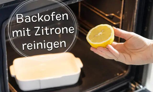 Backofen reinigen mit Zitrone: Eine Hand hält eine Zitronenhälfte über einer Auflaufform im dunklen Backofen.