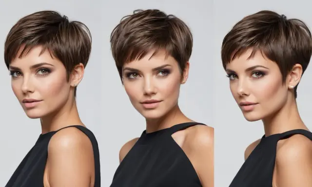 Drei Ansichten einer Frau mit einem modernen, braunen Pixie Cut und elegantem Make-up.