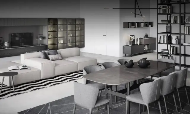 Modernes wohn esszimmer mit beiger Couch, Esstisch und Bücherregalen.