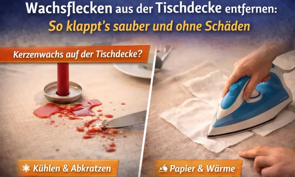 Kerzenwachs aus der Tischdecke entfernen: Links ein roter Wachsfleck mit Messer, rechts Bügeleisen auf Papier. So klappt's sauber.